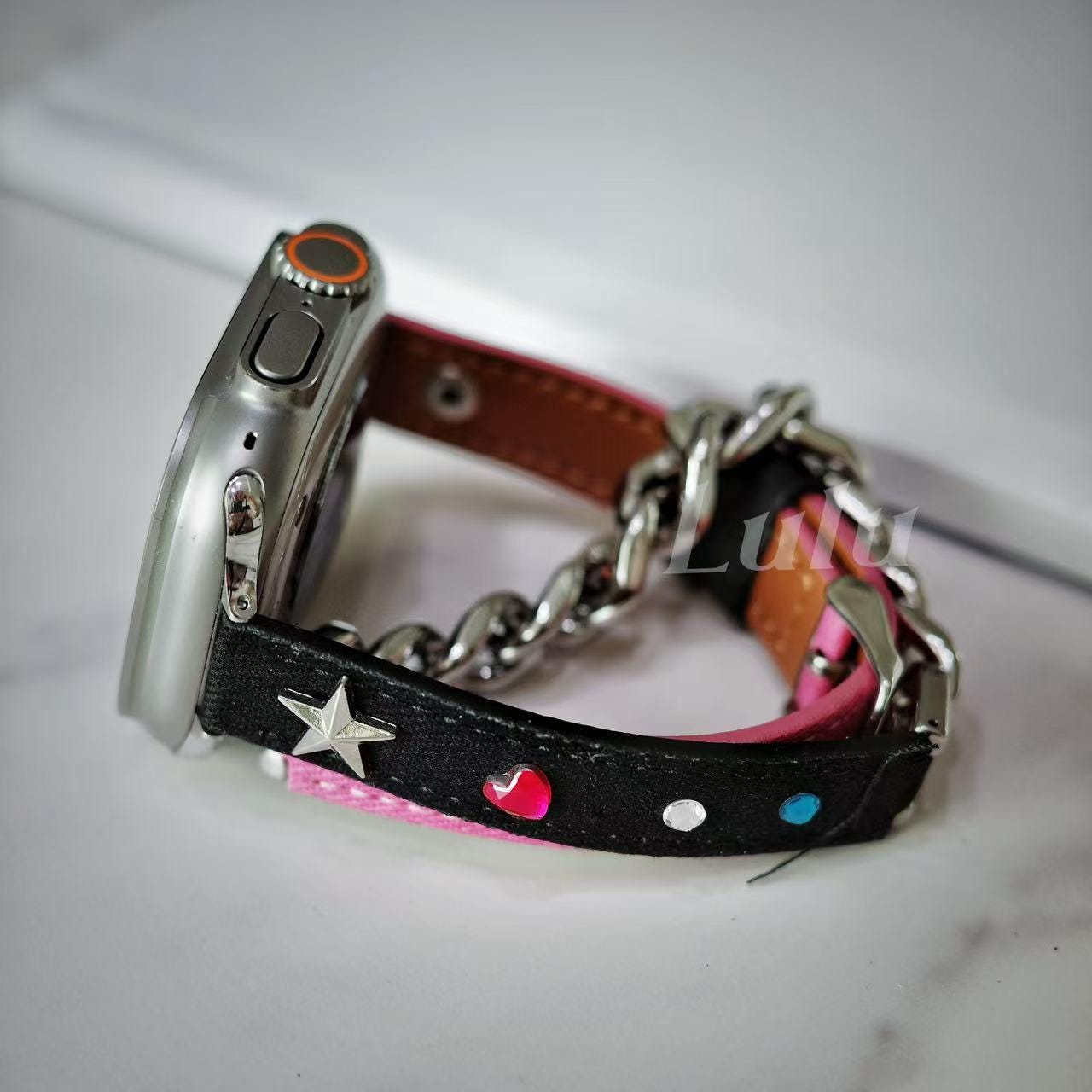 Punk Black & Pink Leather Apple Watch Band