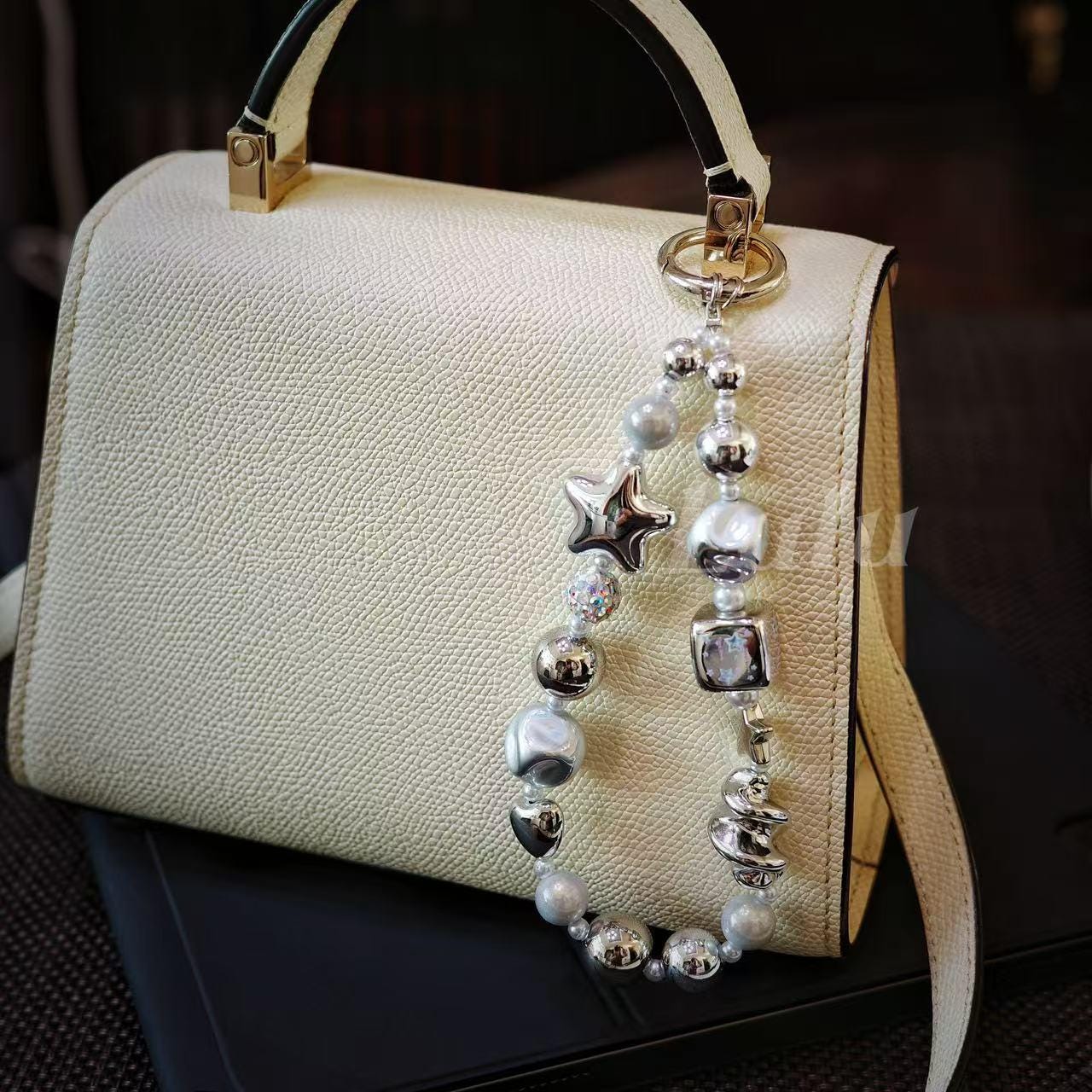 Silver Beaded Phone Chain, Metallic Pearl & Star, For Phone, Camera, Key, Bag