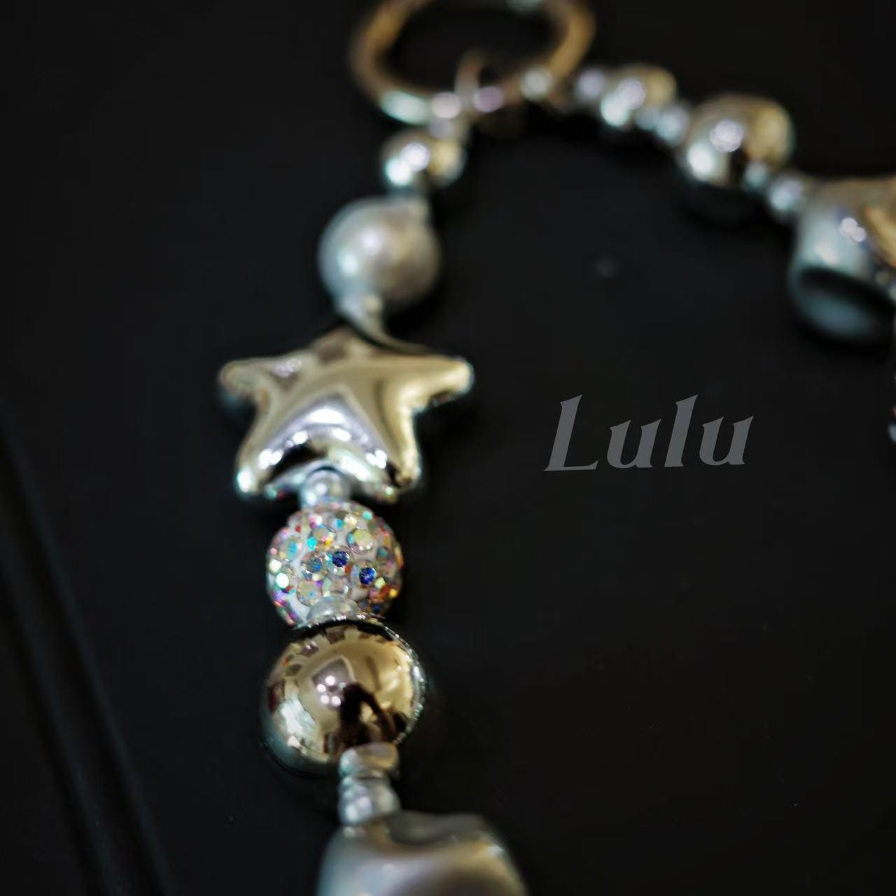 Silver Beaded Phone Chain, Metallic Pearl & Star, For Phone, Camera, Key, Bag