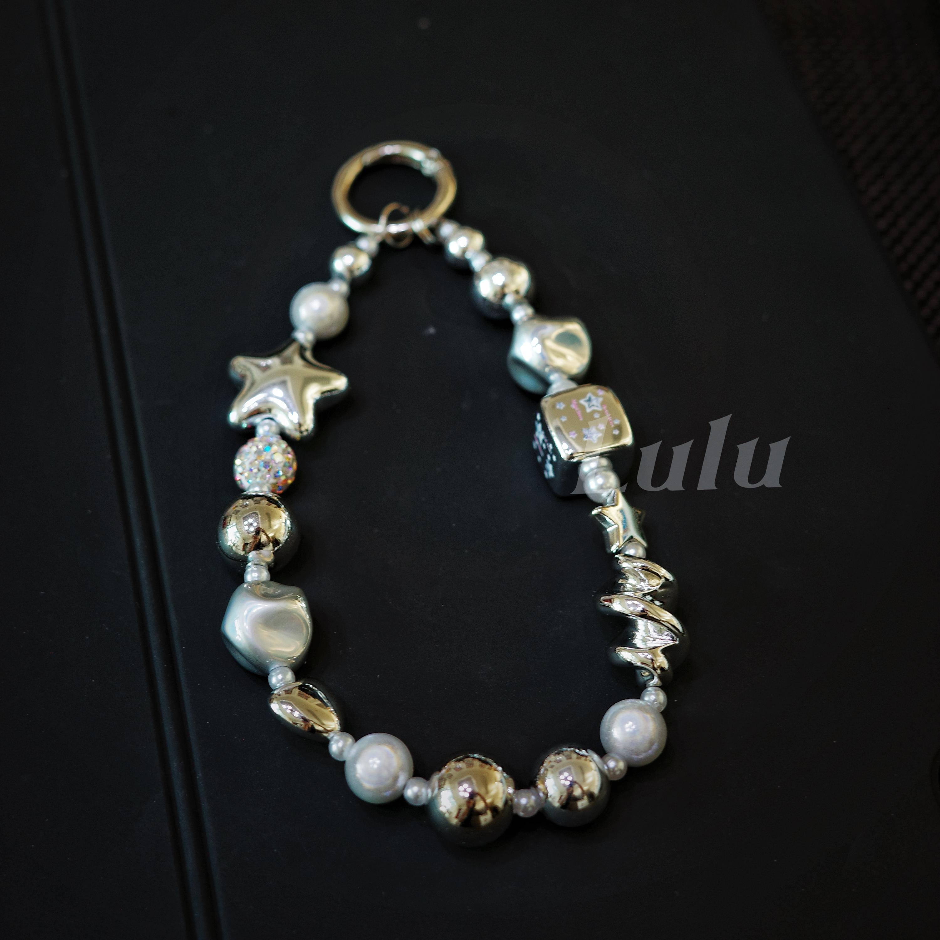 Silver Beaded Phone Chain, Metallic Pearl & Star, For Phone, Camera, Key, Bag