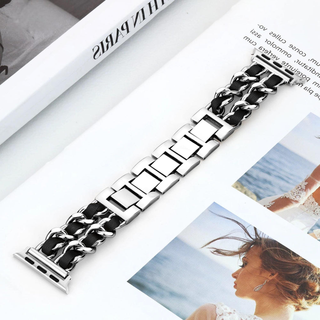 Black Leather Chain Apple Watch Band