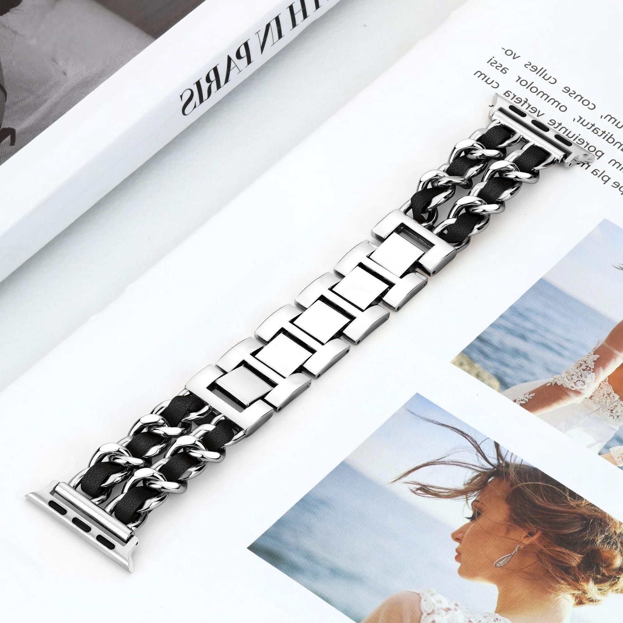 Black Leather Chain Apple Watch Band