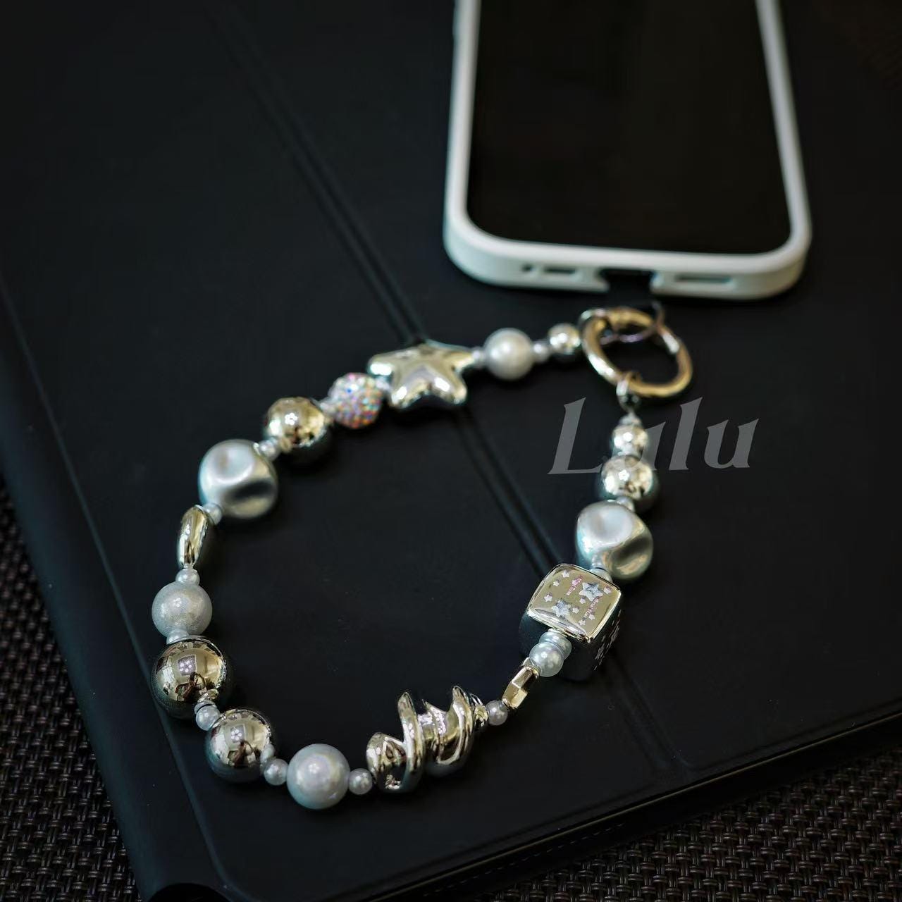 Silver Beaded Phone Chain, Metallic Pearl & Star, For Phone, Camera, Key, Bag