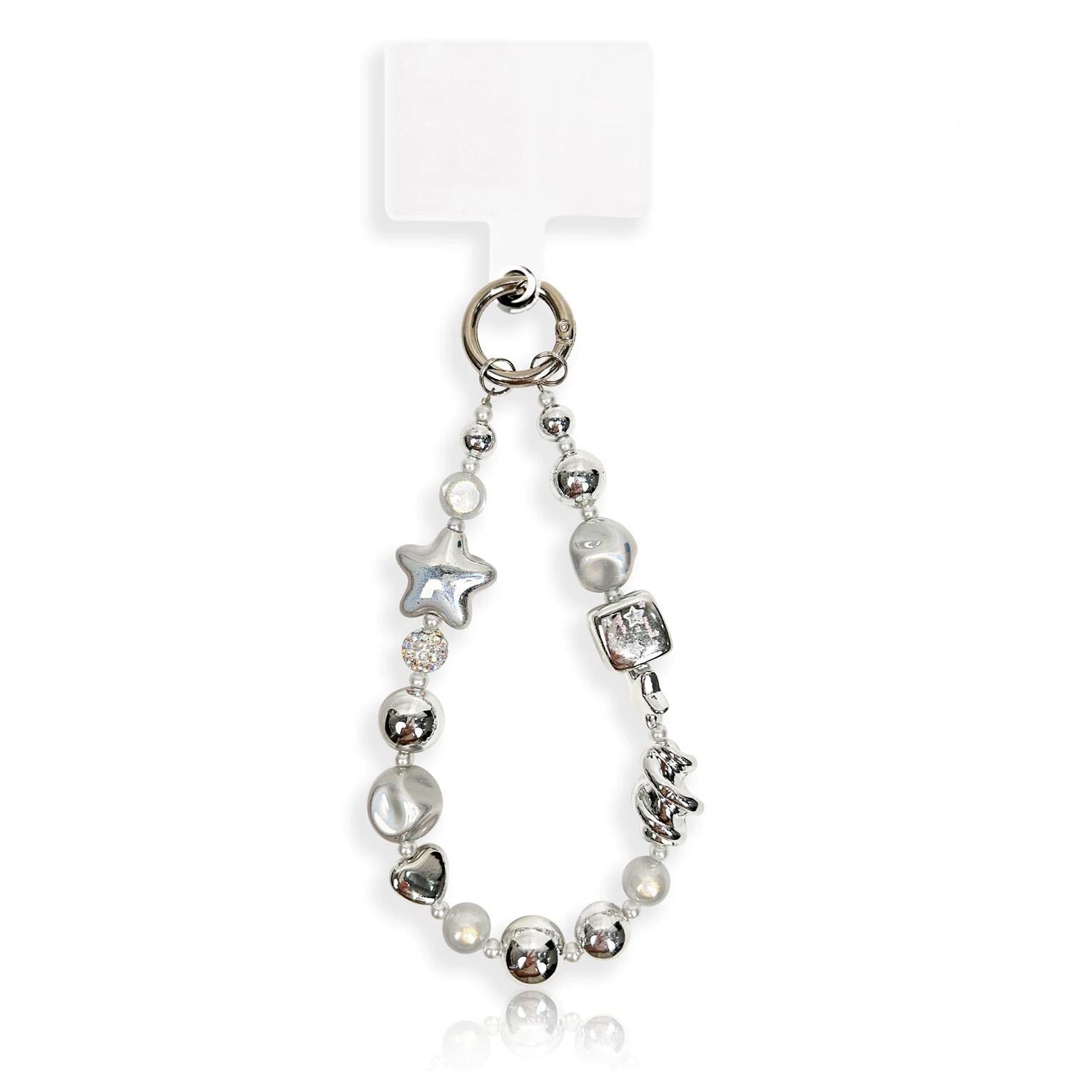 Silver Beaded Phone Chain, Metallic Pearl & Star, For Phone, Camera, Key, Bag