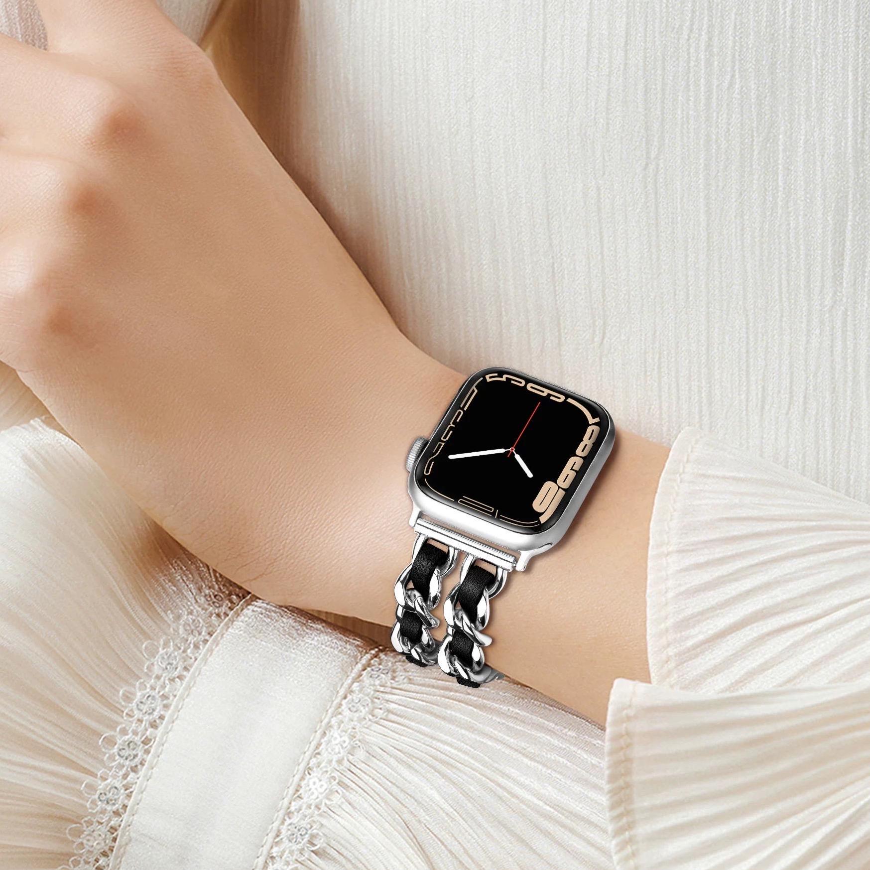 Black Leather Chain Apple Watch Band