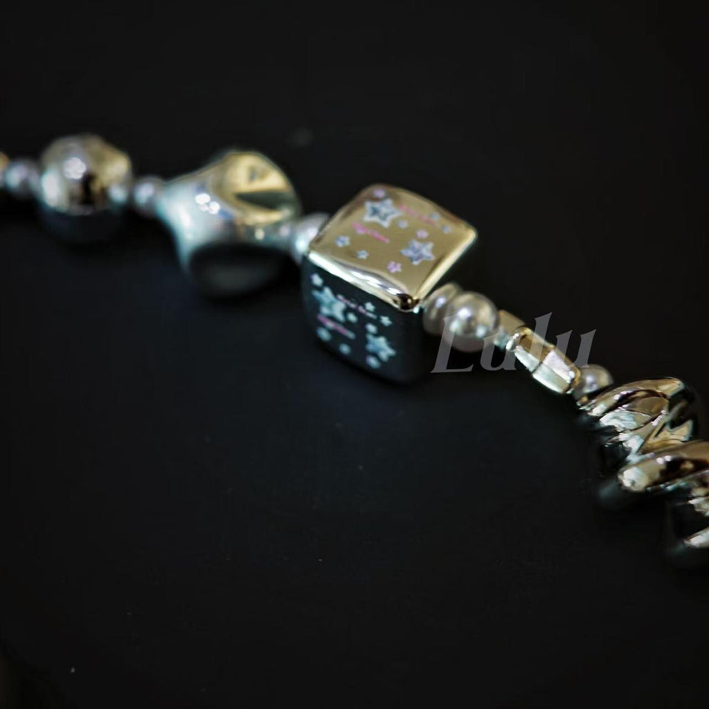 Silver Beaded Phone Chain, Metallic Pearl & Star, For Phone, Camera, Key, Bag