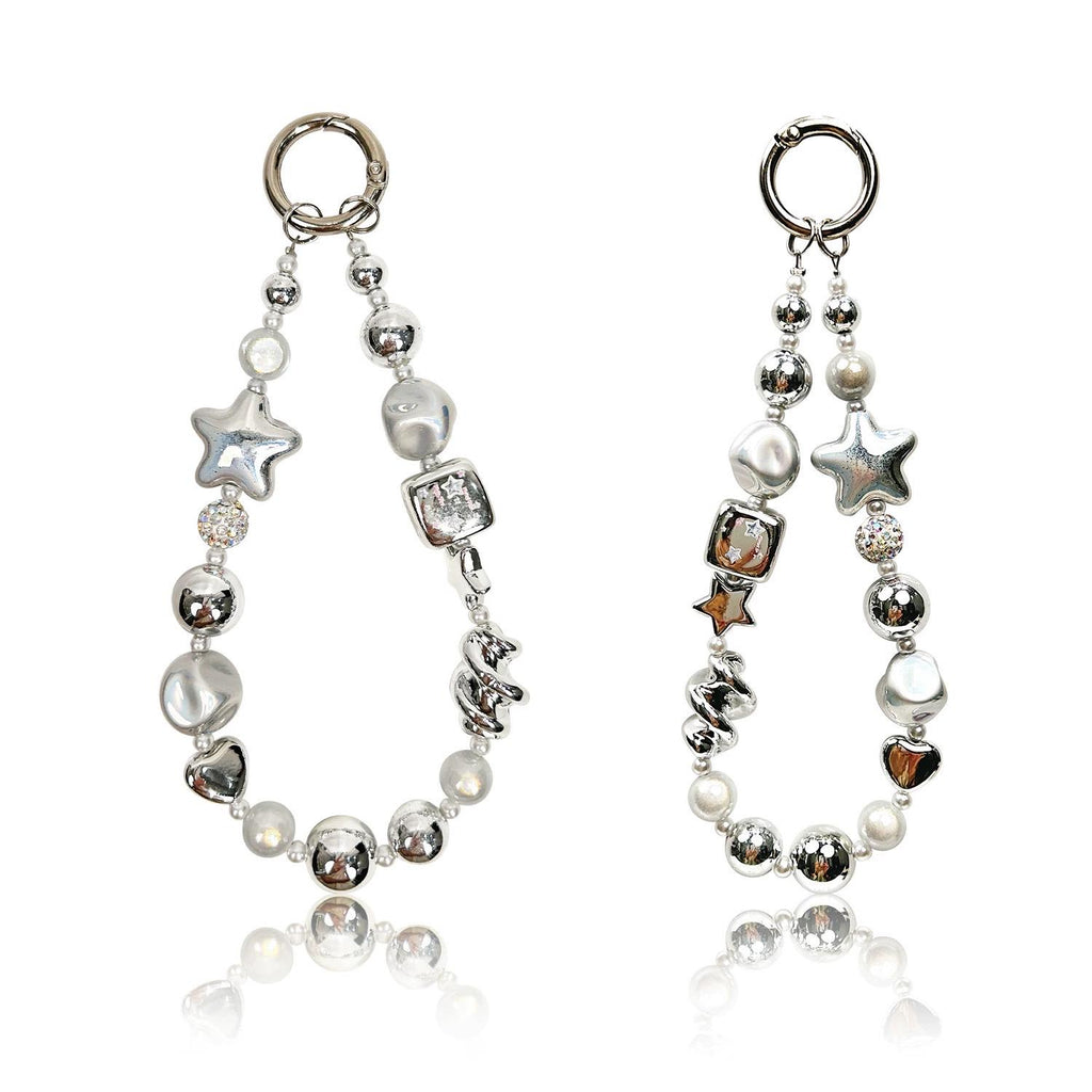 Silver Beaded Phone Chain, Metallic Pearl & Star, For Phone, Camera, Key, Bag