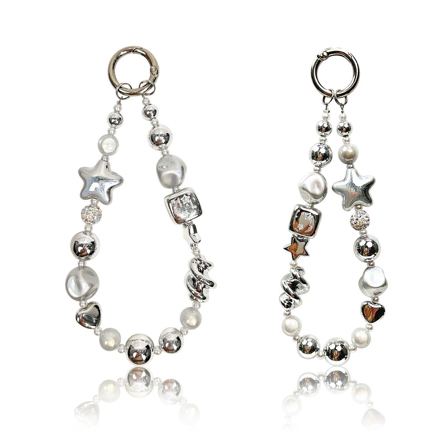 Silver Beaded Phone Chain, Metallic Pearl & Star, For Phone, Camera, Key, Bag
